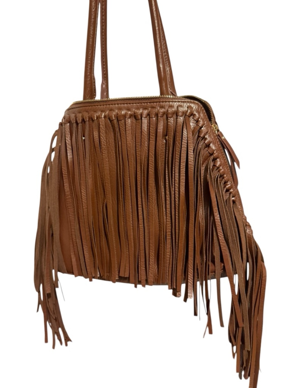 Fringed Brown Side Zip Leather Shoulder Bag - Picture 2 of 10
